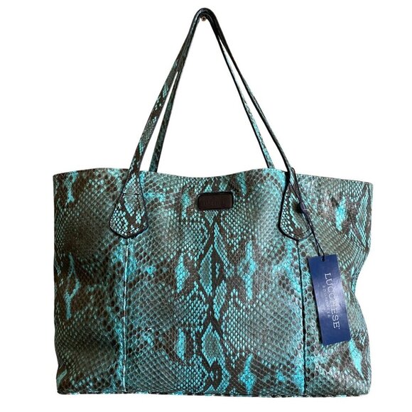 Lucchese Python Tote Bag Turquoise Leather Black Reptile Western Coastal Cowgirl - Picture 1 of 16